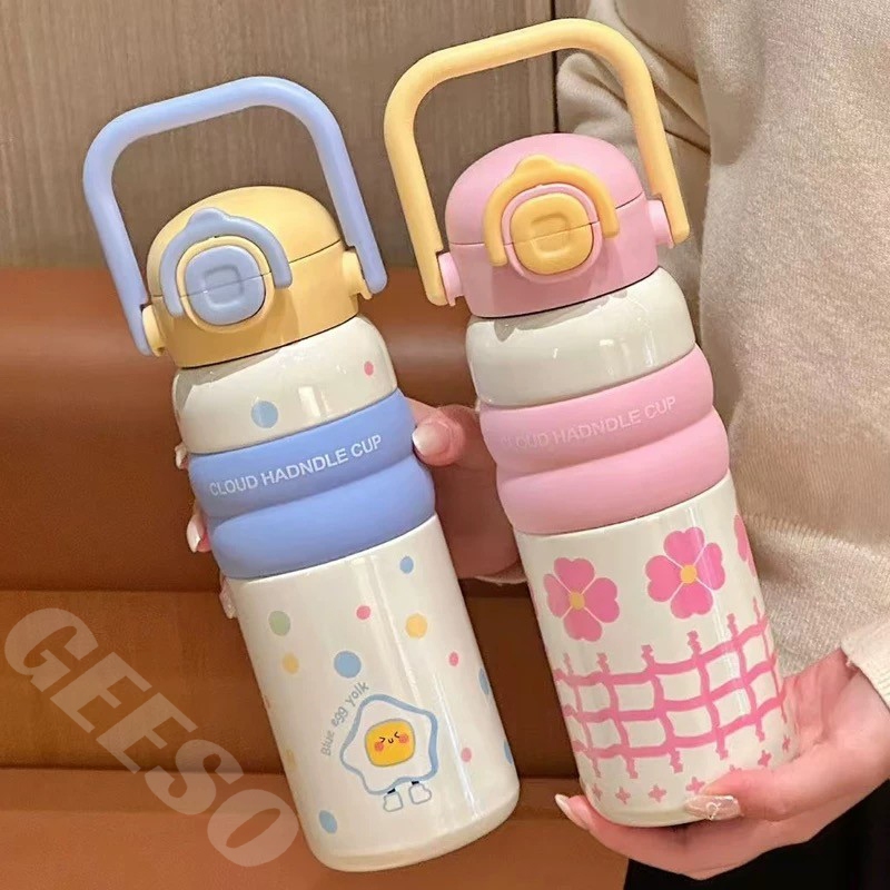 GEESO 600ML かわいい タンブラー ステンレス316 真空断熱ポータブル ストロー付き ハンドヘルド魔法瓶 かわいいキャラクター