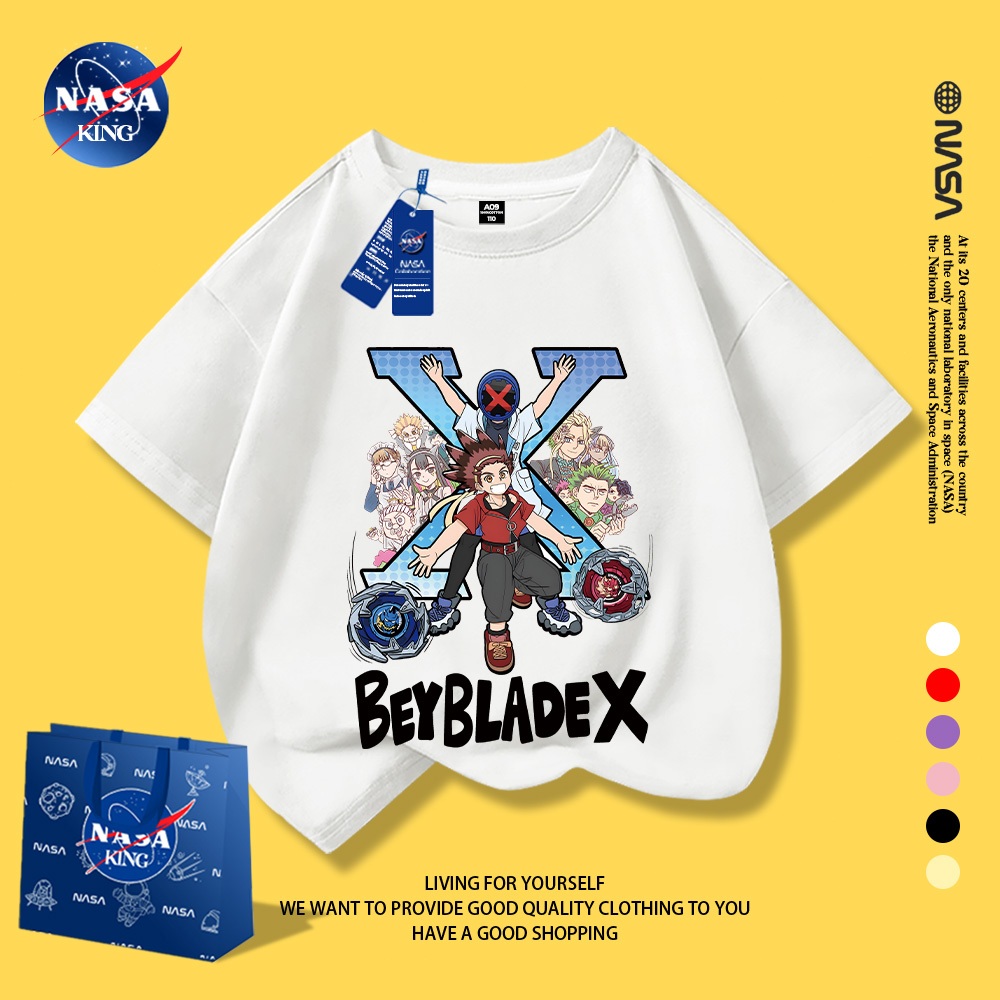 NASA เสื้อยืดเด็กผู้ชาย ผ้าฝ้ายแท้ ลายการ์ตูน Beyblade X (เบบเบลด X ...