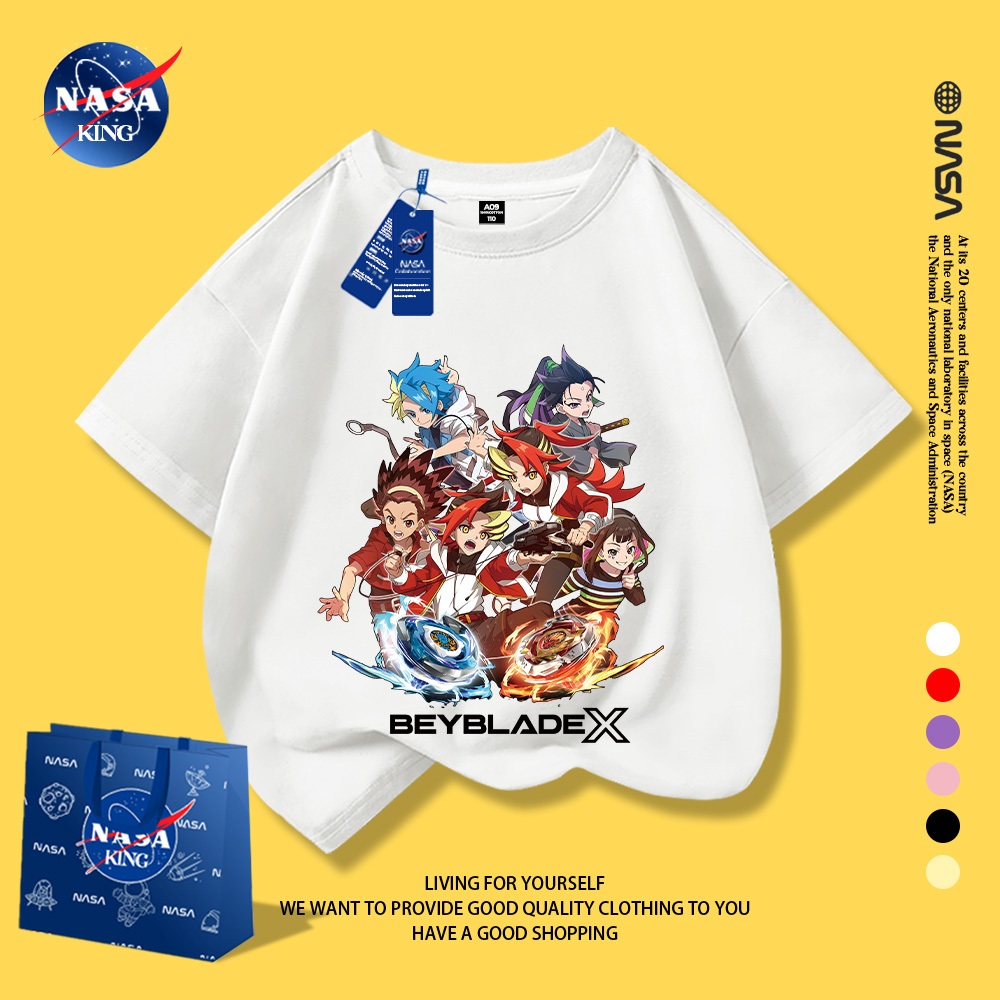NASA เสื้อยืดเด็ก ผ้าฝ้ายแท้ สไตล์เกาหลี ลาย Beyblade X (เบบเบลด X) แขน ...