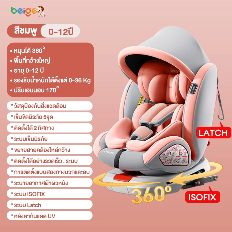 BEIGE คาร์ซีทเด็กแรกเกิดถึง 12 ปี รุ่นปรับหมุน 360° พร้อมระบบนิรภัย ISOFIX และ Latch
