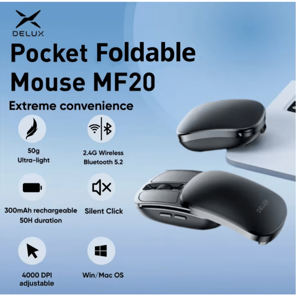 Delux MF20 ไร้สายพับเมาส์ Ultralight 50g แบบพกพาเงียบคลิก 2.4G บลูทูธ ...