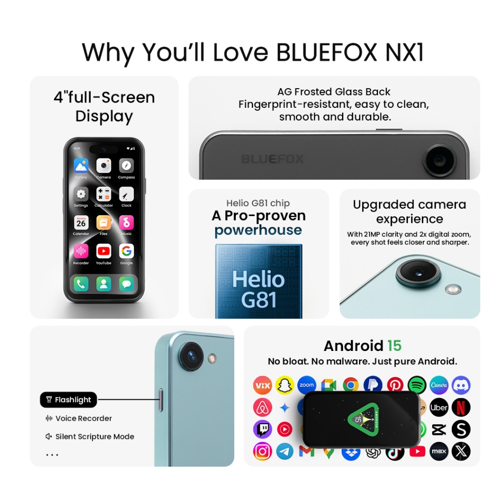 BLUEFOX NX1 Mini Smartphone 4 นิ้ว, Android 15, 4G Global Network