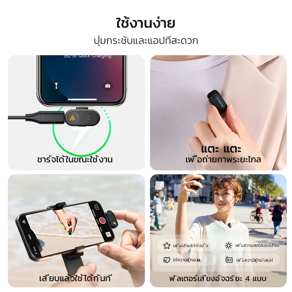 Maono T1 Mini ไมโครโฟนไร้สายแบบหนีบเสื้อ AI ไมโครโฟนตัดเสียงรบกวนไมโครโฟนขนาดเล็กพร้อมแอพ Maono Link และลดเสียงรบกวน 4 ระดับสําหรับโทรศัพท์สมาร์ท,Vlogging,ถ่ายทอดสด