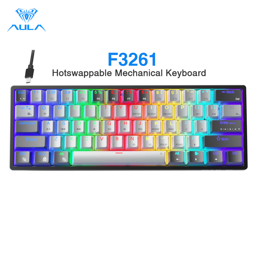 AULA F3261 คีย์บอร์ดเกมมิ่ง Mechanical Keyboard แบบมีสาย 61 คีย์ Hot Swappable ไฟ RGB LED เชื่อมต่อ Type-C