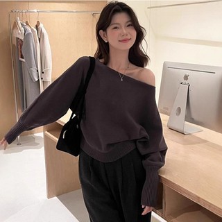 Áo sweater cởi vai dành cho phụ nữ mùa thu, mùa đông, màu trơn, dáng rộng rãi