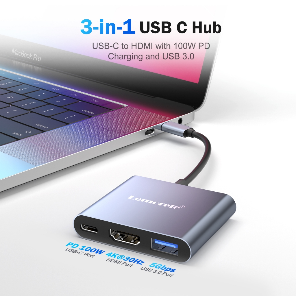 Lemoerle TC33 อะแดปเตอร์ฮับ USB 3-in-1 USB C เป็น HDMI 4K30HZ USB ...