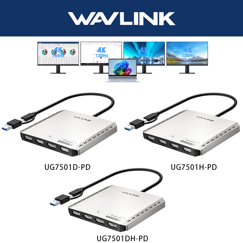 WAVLINK Quad 4K Universal Display Adapter DL7400 DisplayLink พร้อม 85W ...