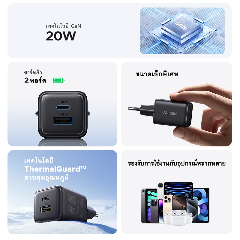 【Nexode】UGREEN 20W/30W GaN Charger USB-C/USB-A 2/3 พอร์ต Charger Nexode GaN Fast Charger USB-C Power Adapter สําหรับ iPhone 17 Pro Max 16 Pro Max/15/14/13