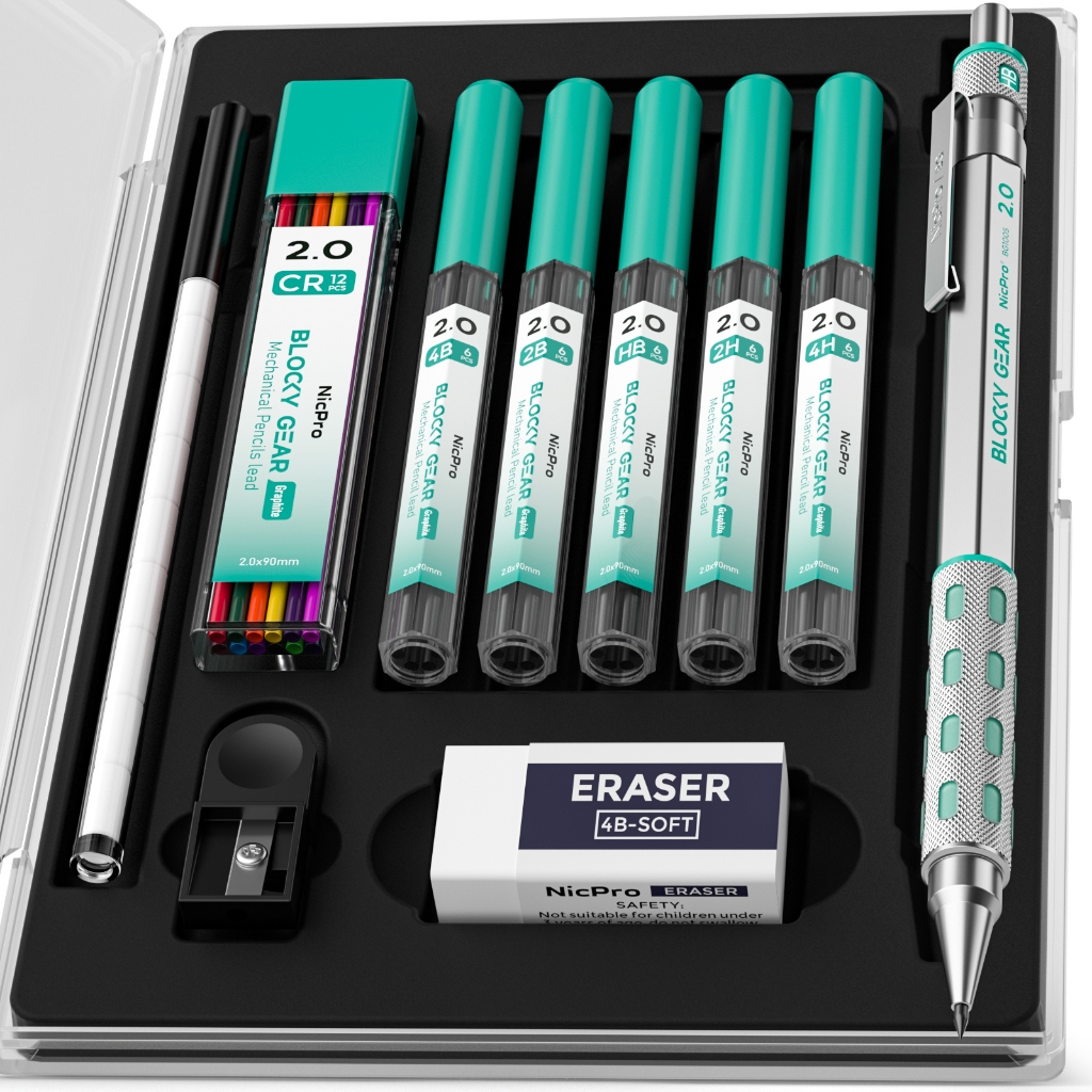 Nicpro Blocky Gear ดินสอกล 2 มม.ในกรณี,โลหะร่างตะกั่วผู้ถือ 6 หลอด 2 ...