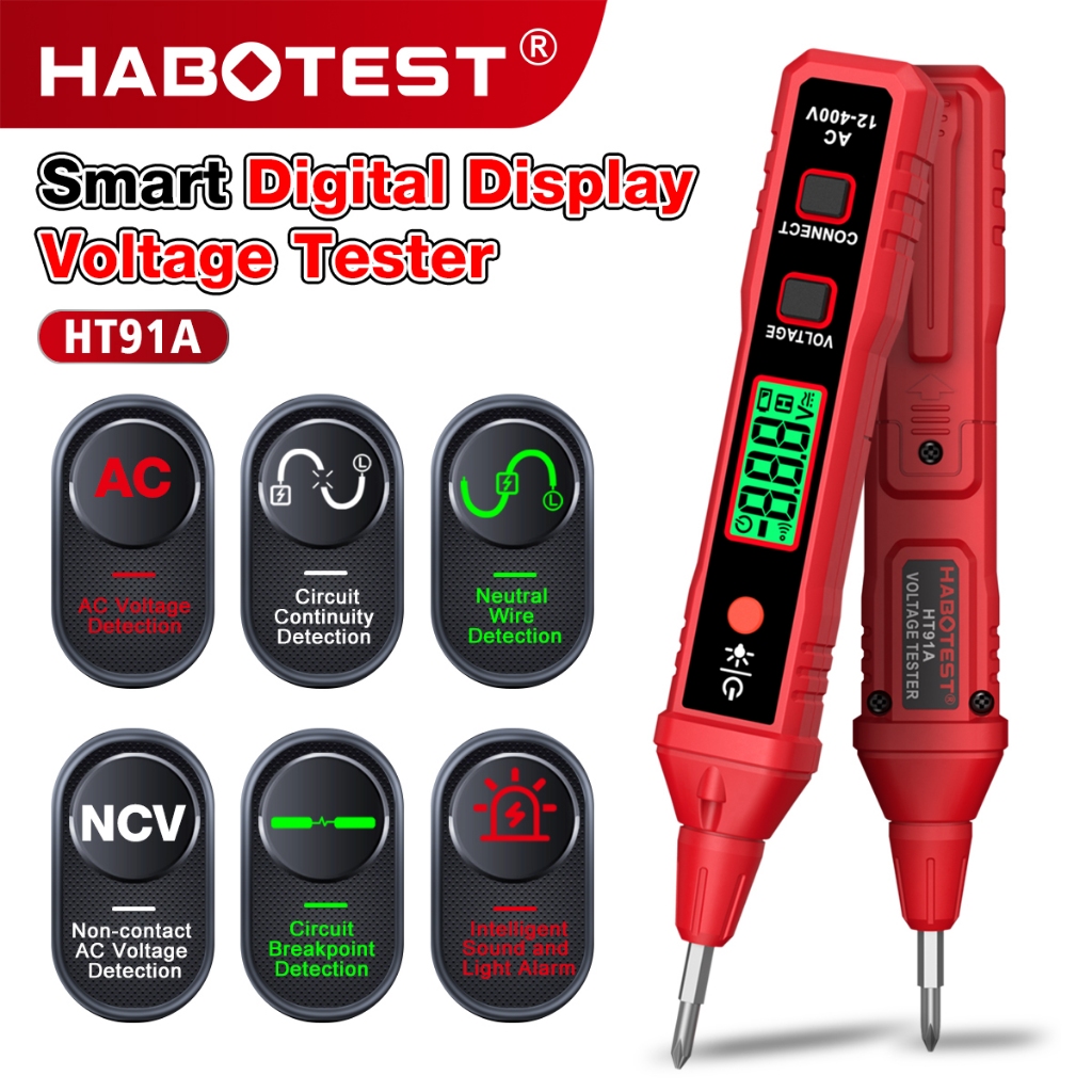 Habotest HT91A เครื่องตรวจจับแรงดันไฟฟ้า AC NCV 12 ~ 400V ประเภทปากกาเครื่องทดสอบแรงดันไฟฟ้าสําหรับ Live/Null ลวดไฟฉายจอแสดงผล LCD Breakpoint Finder วันที่ถือ
