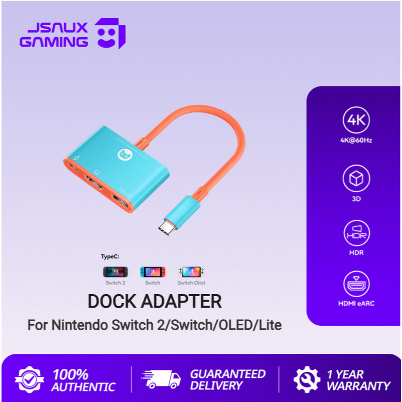 JSAUX Dock Adapter for Switch 2/Switch/OLED สําหรับสวิตช์ 2 Docking Station 3-in-1 USB Type C อะแดปเตอร์ HDMI สําหรับ Nintendo Switch 1/ 2/พอร์ตชาร์จ OLED สําหรับแล็ปท็อปแท็บเล็ต-C