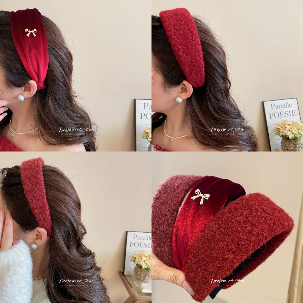 DREJEW โบว์คาดผม Fuzzy Hairband สีแดง สำหรับผู้หญิง สร้อยผมแฟชั่น พร้อมสไตล์ทันสมัย