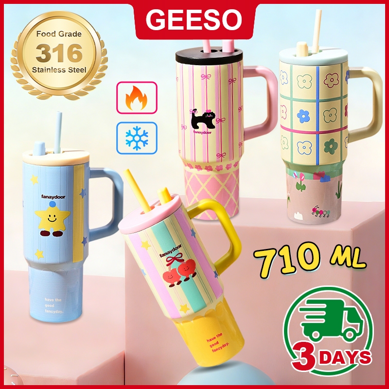 GEESO แก้วเยติ 316แก้วสแตนเลส ใหม่การ์ตูน ใหญ่ความจุ แก้วกาแฟหุ้มฉนวน กระติกน้ําเก็บความร้อนแบบพกพา 316 Stainless Steel Handheld Thermos Tumbler Bottle Insulated Vacuum Hot &Cold Thermos Cup 710ml 手提吨