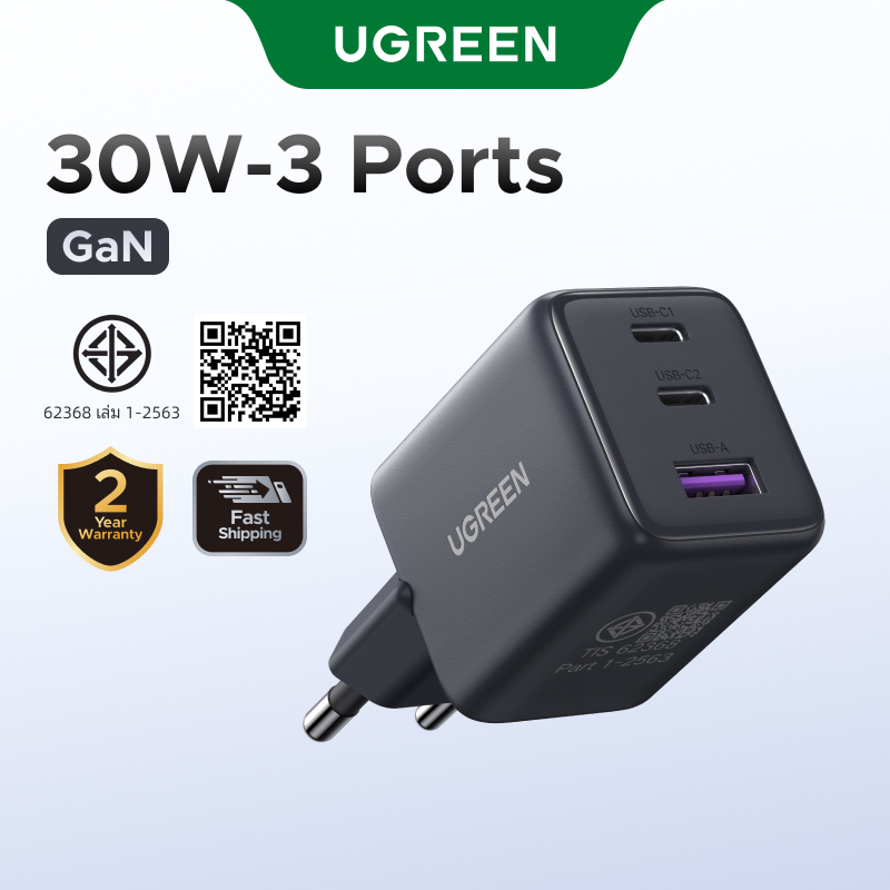 UGREEN หัวชาร์จ Nexode ชาร์จเร็ว 20W/30W GaN USB-C*2/USB-A Fast Charger USB-C 3 พอร์ต Power Adapter สําหรับ iPhone 17 iPhone 16 Pro Max/15/14/13