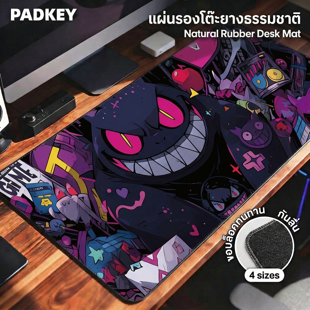 Gengar Gaming Mouse Pad XXL 90×40cm | แผ่นรองเมาส์ขนาดใหญ่มาก | Pokémon เก็นการ์ | Natural Rubber กันลื่น | 🚚 ส่งด่วนไทย