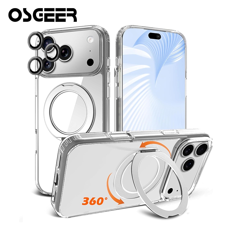 OSGEER เคสแม่เหล็กสําหรับ iPhone 17 16 15 14 13 12 11 Pro Max, [พร้อม 360° ขาตั้งแหวนหมุนได้] การป้องกันการตกเกรดทหาร, ฝาครอบโทรศัพท์ป้องกันกันกระแทกป้องกันการเยือกแข็ง