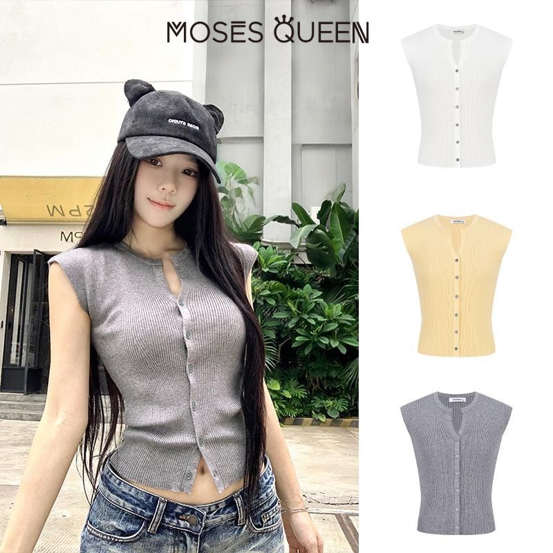 MOSESQUEEN  มอสสควีน โดปามีน เสื้อแขนสั้นถักกันหนาว 2025 ฤดูร้อนแฟชั่นผู้หญิงบางด้านบนเซ็กซี่ชุดสาวร้อน #59818