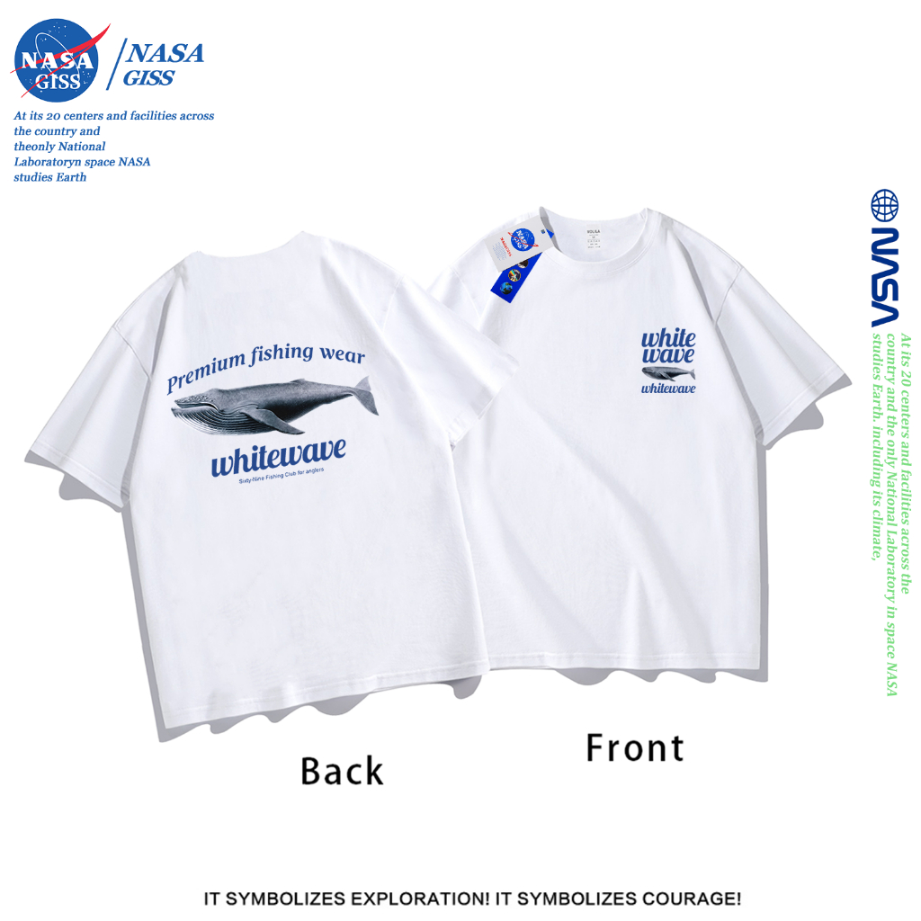 NASA เสื้อยืดชายหญิงแขนสั้น สไตล์ลำลอง summer วาฬ พิมพ์ลาย คอตตอน คอกลม หลวมและระบายอากาศ