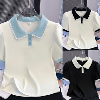 ผู้หญิง เสื้อโปโลแขนสั้น ปลอกคอลูกไม้ แฟชั่น สีทึบ พลัสขนาดเสื้อ