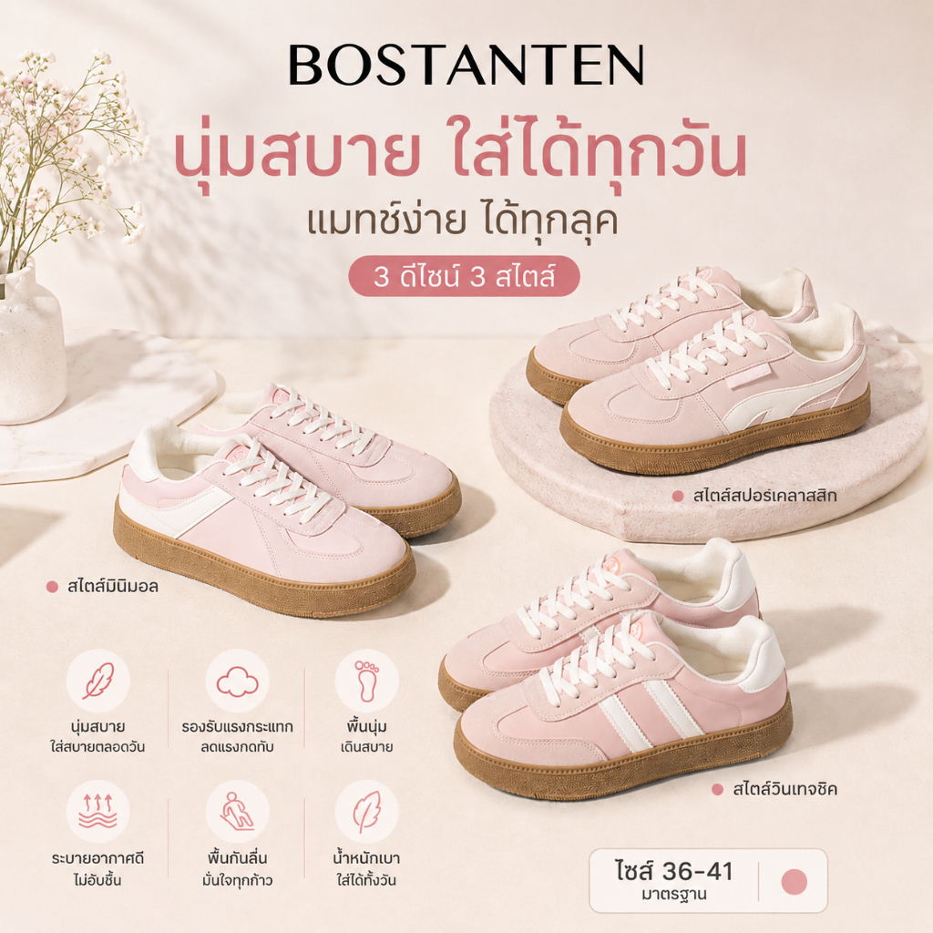 BOSTANTEN รองเท้าผ้าใบผู้หญิง สีชมพูพาสเทลสุดคิวท์ รองเท้าผ้าใบแฟชั่นสไตล์เกาหลี นุ่มเบาสบาย ไม่กัดเท้า เดินได้ทั้งวัน ไซส์ 36-41
