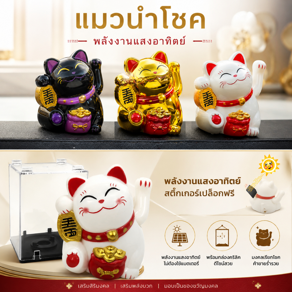 แมวกวักนำโชค พลังงานแสงอาทิตย์ แมวญี่ปุ่น ตั้งโต๊ะ แต่งบ้าน ตกแต่งรถ โต๊ะทำงาน ของขวัญ เสริมฮวงจุ้ย A00057