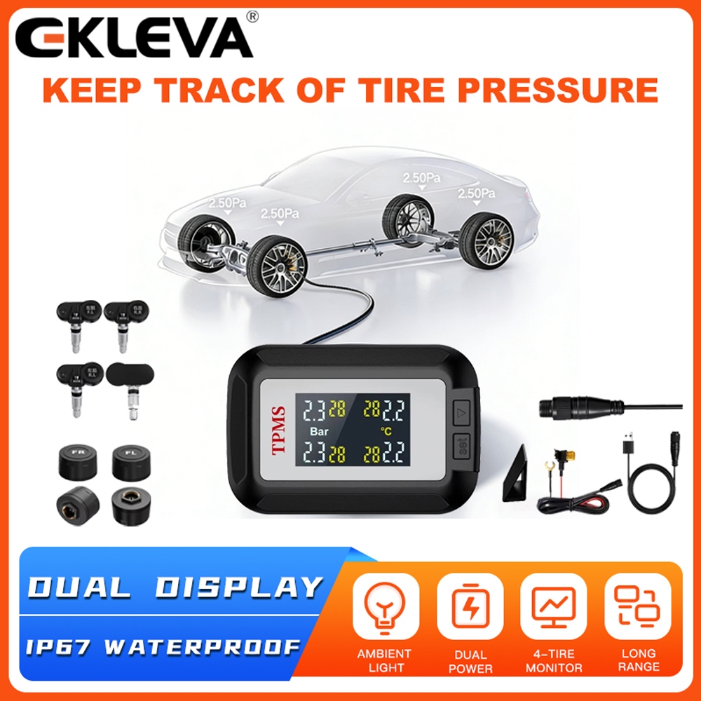 EKLEVA ไร้สาย TPMS ระบบตรวจสอบความดันยาง Dual หน้าจอ USB 12V ACC Power ...