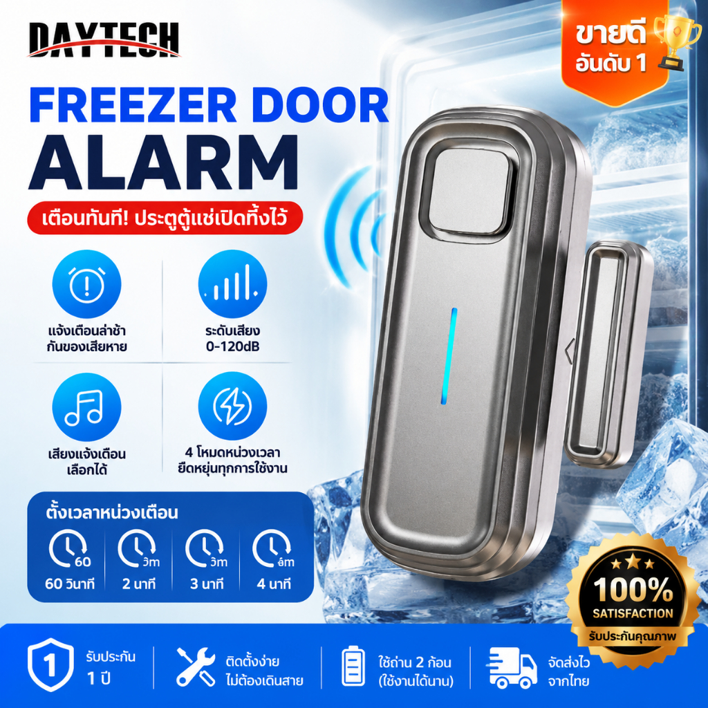 Daytech สัญญาณเตือนประตูตู้เย็นพร้อมดีเลย์ 1/2/3/4 นาที ปรับปิด หน้าต่าง เตือน 0 -120dB alarm DA10