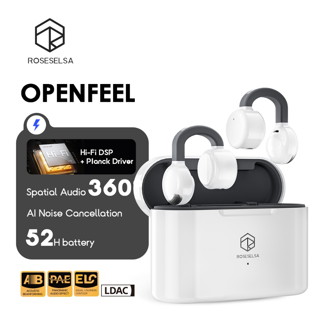 ROSESELSA OPENFEEL หูฟังไร้สายแบบหนีบหู (Clip-On) ดีไซน์เปิดหู เสียง Hi-Fi  รองรับ LDAC / LHDC  Bluetooth 5.4 โหมดเกม LC3 ดีเลย์ต่ำพิเศษ 20ms แบตอึดสูงสุด 52 ชม. ใส่ออกกำลังกายแน่นสบาย ไม่อุดหู