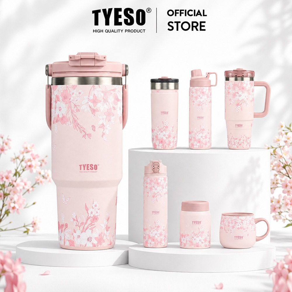 TYESO รุ่นใหม่ 2026 แก้วเก็บความเย็นลายดอกไม้ 900ML แก้วเก็บอุณหภูมิสแตนเลส พร้อมหลอด เก็บเย็น 24H ร้อน 12H
