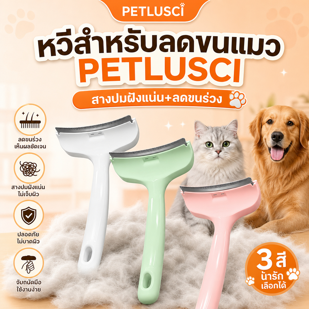 PETLUSCI หวีกำจัดขน หวีแปรงขนสัตว์เลี้ยง