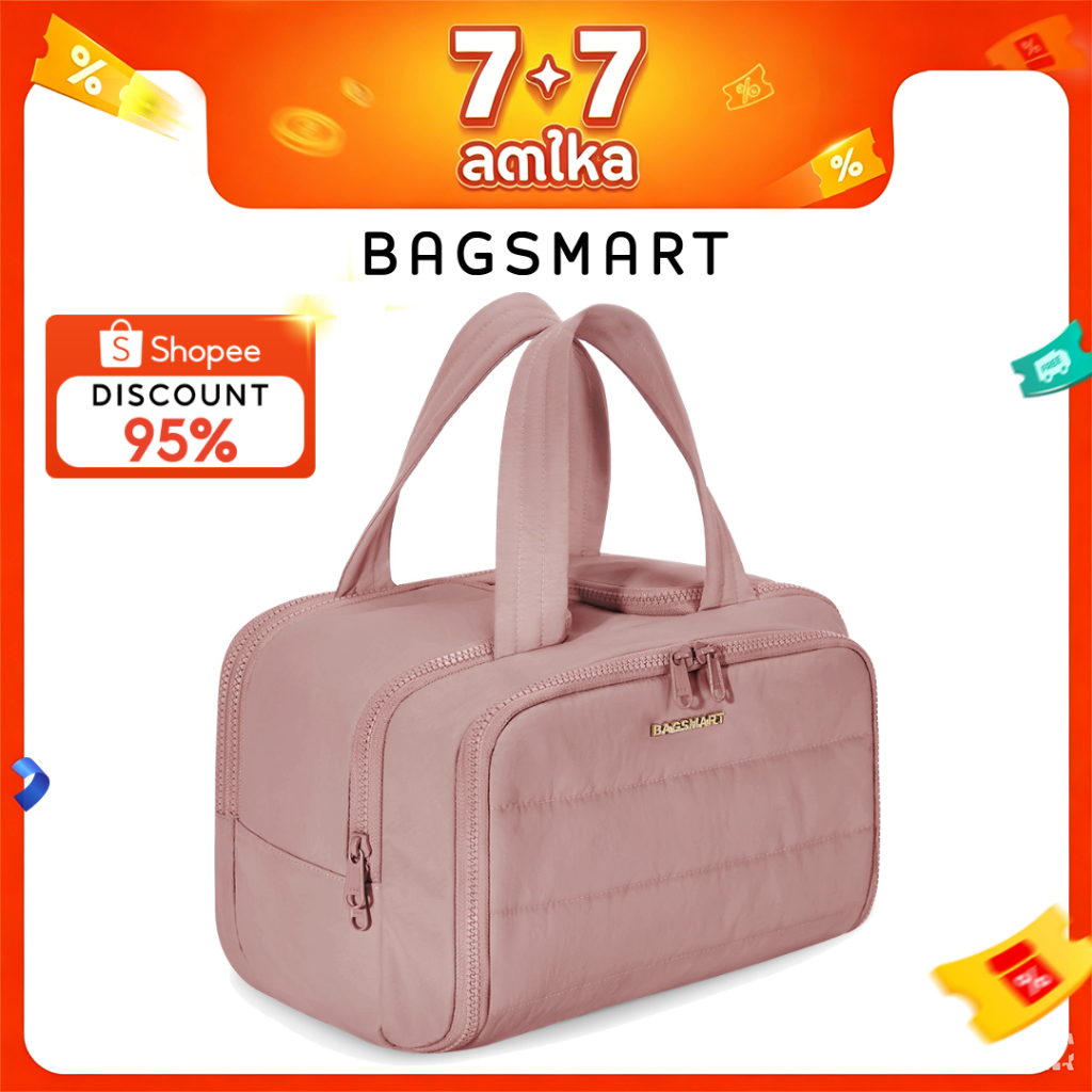 BAGSMART กระเป๋าแป้งน้ําหนักเบา Puffy Cosmetic Makeup Bag กระเป๋าเดินทางสําหรับผู้หญิง, ออแกไนเซอร์พร้อมที่จับสําหรับอุปกรณ์เสริม, จําเป็น, เครื่องใช้ในห้องน้ํา