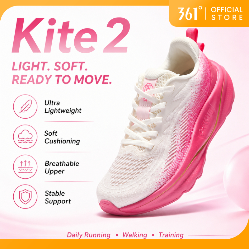 361 Degrees Kite 2 รองเท้าวิ่งผู้หญิง Daily Running Shoes พื้นหนาเพิ่มความสูง 5CM นุ่ม เบา ระบายอากาศดี ใส่เดิน/วิ่ง/ลำลอง 682612220