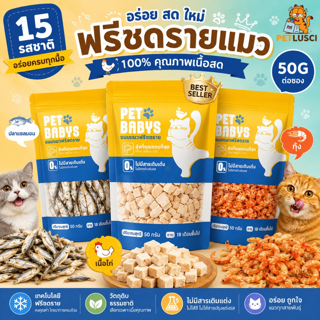 PETLUSCI® ฟรีซดรายแมว อกไก่ฟรีซดราย 100% ขนมแมว ขนมหมา Freeze Dried ไก่อบแห้ง เสริมโปรตีน กลิ่นหอม