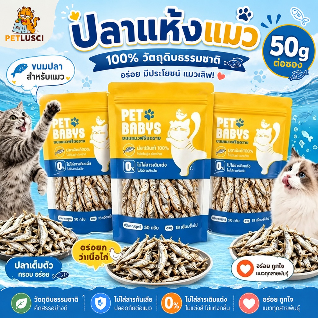 PETLUSCI ขนมแมว ปลาแมว โปรตีนสูง ไม่เค็ม 50 กรัม