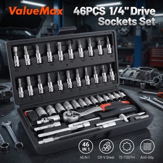 VALUEMAX 46 chiếc 1/4" cờ lê chặn ổ cắm dây bộ dụng cụ cơ khí hộp dụng cụ ô tô, xe máy bộ sửa chữa cho tua vít gia đình 1/4‑inch ổ cắm cờ lê