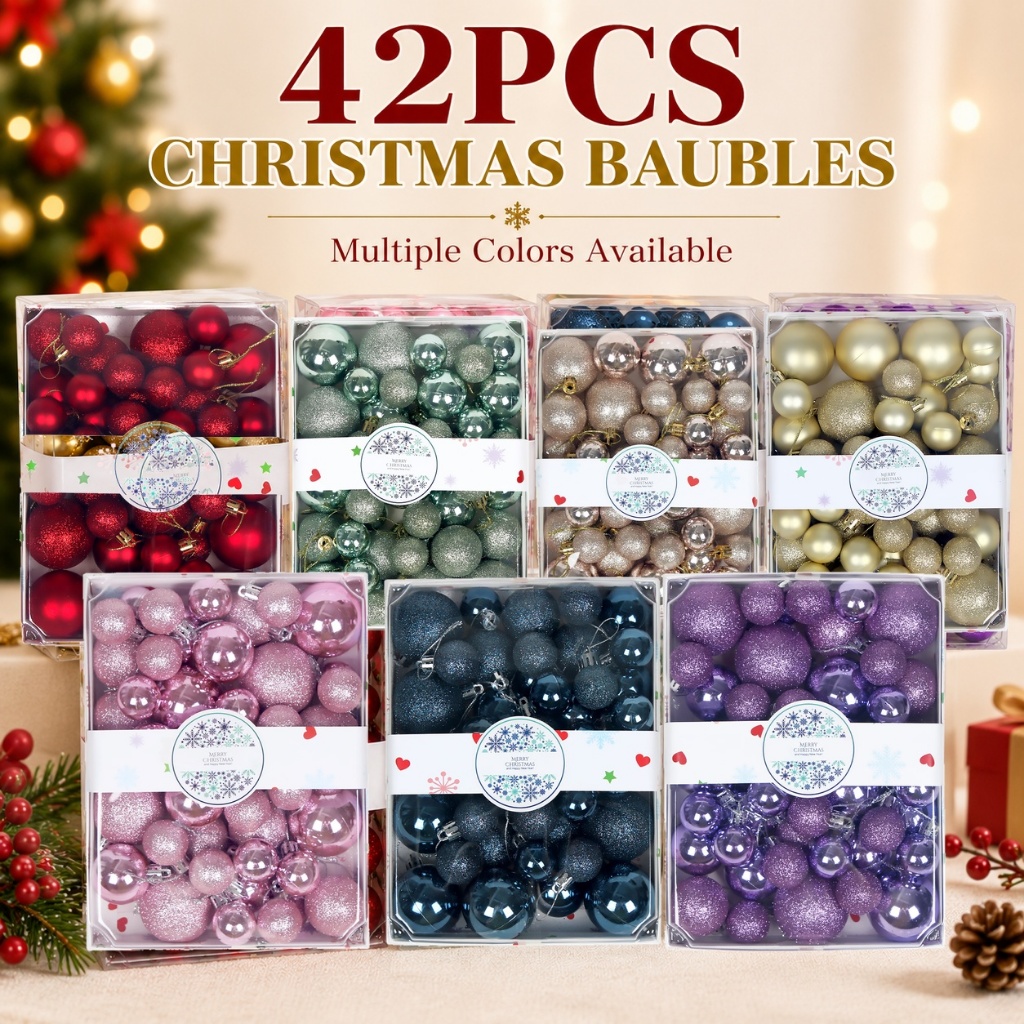 42pcs Xmas Ball สีม่วงสีชมพูต้นคริสต์มาสแขวนตกแต่งจี้สําหรับ Navidad Noel Carnival เครื่องประดับงานแต่งงาน Decor
