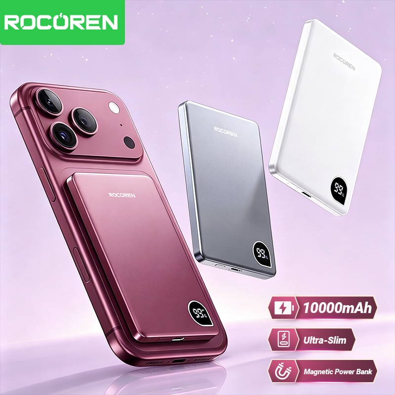 Rocoren Magnetic Wireless Power Bank 10000mAh จอแสดงผลดิจิตอล Powerbank 5000mAh Ultra Thin แบบพกพา Wireless Charger แบตเตอรี่สําหรับ iPhone 17 16 Pro Max