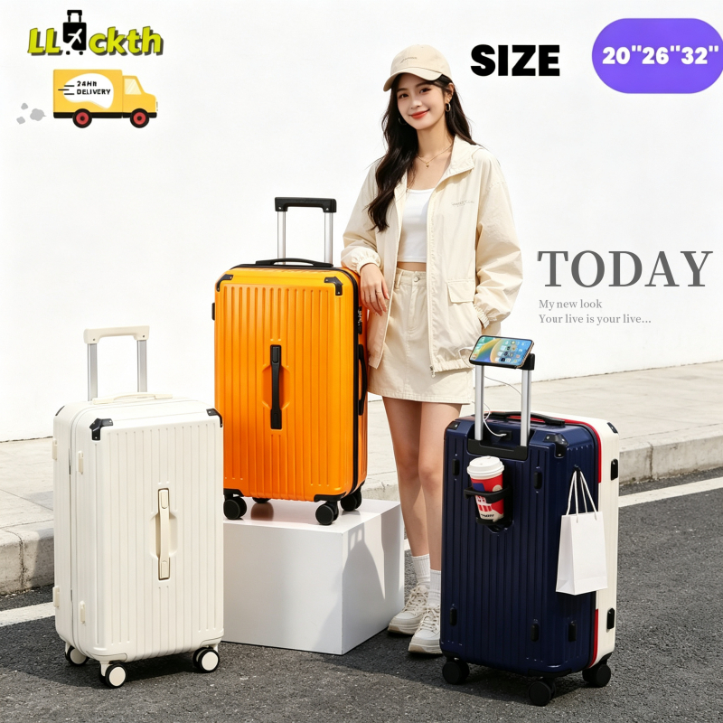 LLuckth กระเป๋าเดินทางทรงถัง ขนาด 20-26-32 นิ้ว มีสาย USB ชาร์จ กระเป๋าเดินทาง SPORT luggage