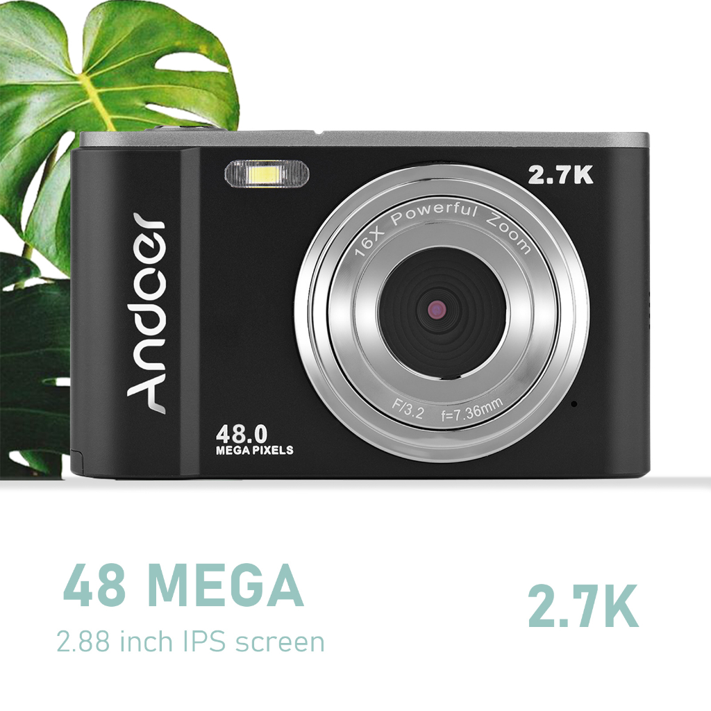 ข้อมูลประกอบของ Andoer กล้องดิจิทัล แบบพกพา 48MP 2.7K หน้าจอ IPS 2.88 นิ้ว ซูม 16X โฟกัสอัตโนมัติ ตั้งเวลาได้เอง หน่วยความจําขยาย 128GB ตรวจจับใบหน้า ป้องกันการสั่นสะเทือน พร้อมแบตเตอรี่ 2 ชิ้น สายคล้องมือ