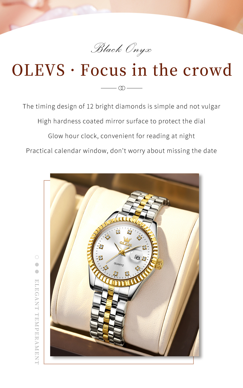 ภาพประกอบของ OLEVS นาฬิกาข้อมือผู้หญิงกันน้ำ สายสแตนเลส พื้นผิวเพชร สีขาว สีดำ ทอง 5526