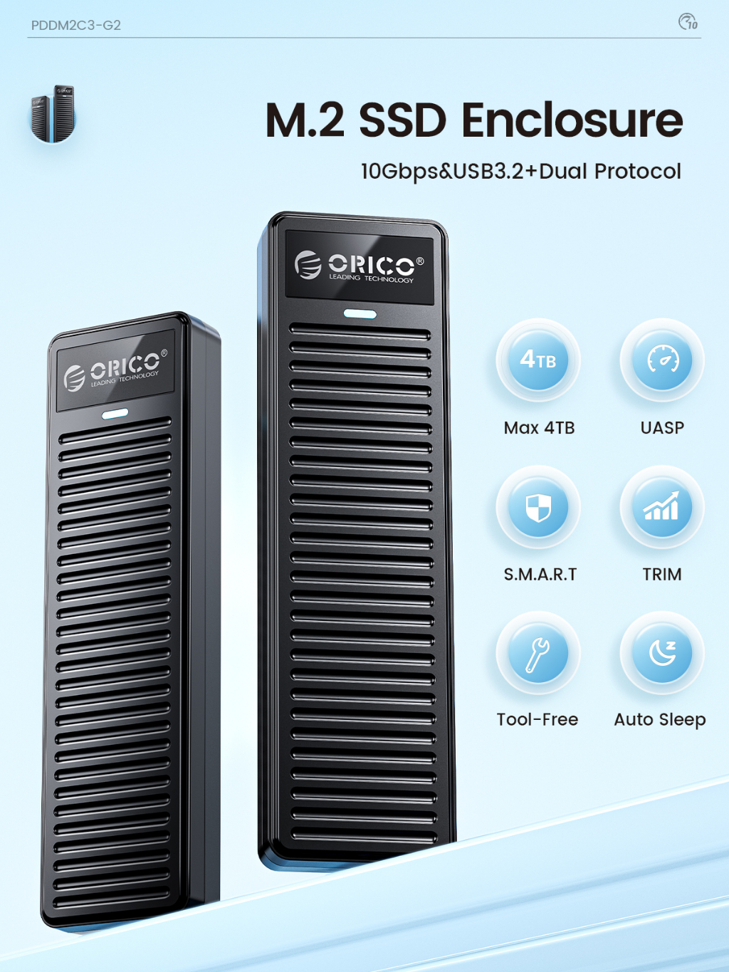 ข้อมูลเพิ่มเติมของ Orico M.2 NVMe SSD Enclosure 10Gbps USB 3.2 Gen2 M2 กล่องเคส SSD ดีไซน์เรียบง่าย สําหรับ NVMe SATA Tool free รองรับ UASP(PDDM2C3)