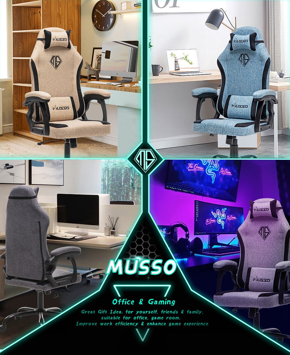 MUSSO รุ่น Navigator Series Model 2 เก้าอี้เกมมิ่งผ้า พร้อมทั้งพนักพิงศีรษะและเอว ไม่มีที่พักเท้า ราคาดีเก้าอี้สีดำ เก้าอี้สีเทา เก้าอี้พนักพิงสูง เก้าอี้เบาะ นุ่ม Gaming Chair