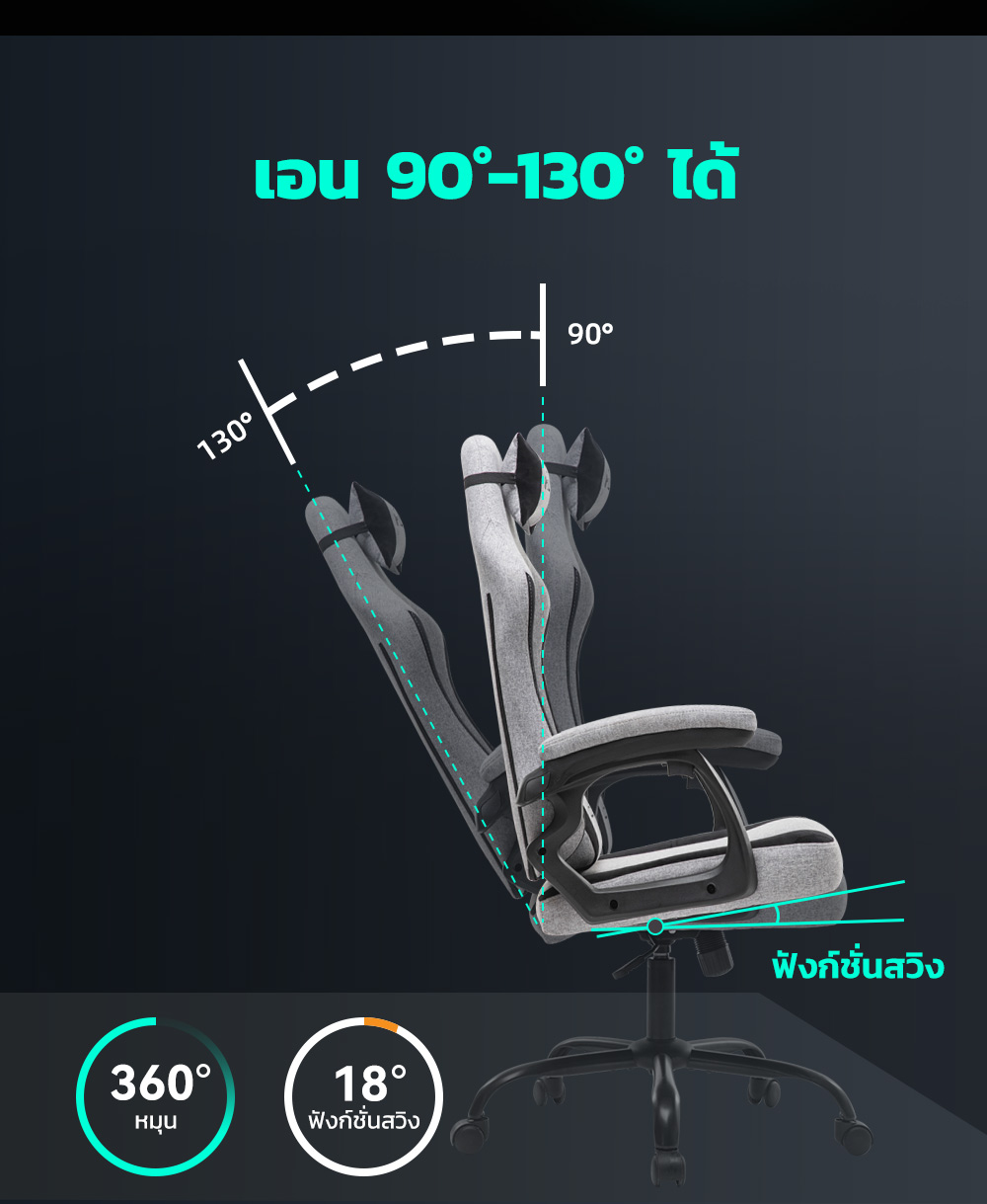 MUSSO รุ่น Navigator Series Model 2 เก้าอี้เกมมิ่งผ้า พร้อมทั้งพนักพิงศีรษะและเอว ไม่มีที่พักเท้า ราคาดีเก้าอี้สีดำ เก้าอี้สีเทา เก้าอี้พนักพิงสูง เก้าอี้เบาะ นุ่ม Gaming Chair