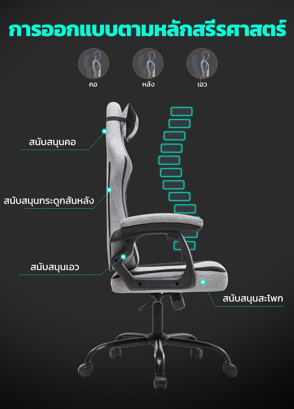 MUSSO รุ่น Navigator Series Model 2 เก้าอี้เกมมิ่งผ้า พร้อมทั้งพนักพิงศีรษะและเอว ไม่มีที่พักเท้า ราคาดีเก้าอี้สีดำ เก้าอี้สีเทา เก้าอี้พนักพิงสูง เก้าอี้เบาะ นุ่ม Gaming Chair