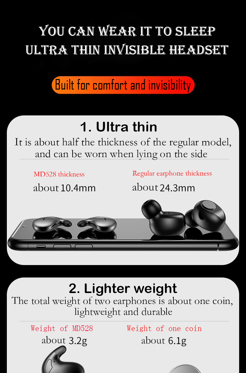 หูฟังใส่นอน หูฟังบลูทูธ MD528 TWS หูฟังไร้สาย Bluetooth 5.3 หูฟังกันน้ำจอแสดงผล LED ที่มองไม่เห็น ไร้สายชนิดใส่ในหูบางเฉียบ