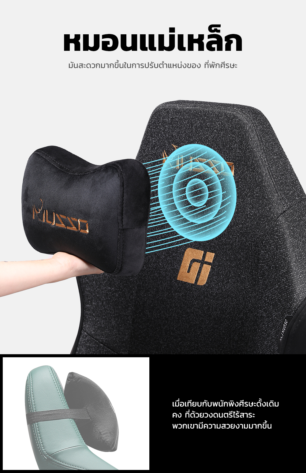 MUSSO รุ่น GIANT XL เก้าอี้สีดำ เก้าอี้สีเทา เก้าอี้เกมมิ่ง 4D ที่พักแขน ปรับได้ เมมโมรี่โฟม พนักพิงศีรษะ และหมอนรองเอว เก้าอี้สํานักงาน เก้าอี้เบาะผ้า