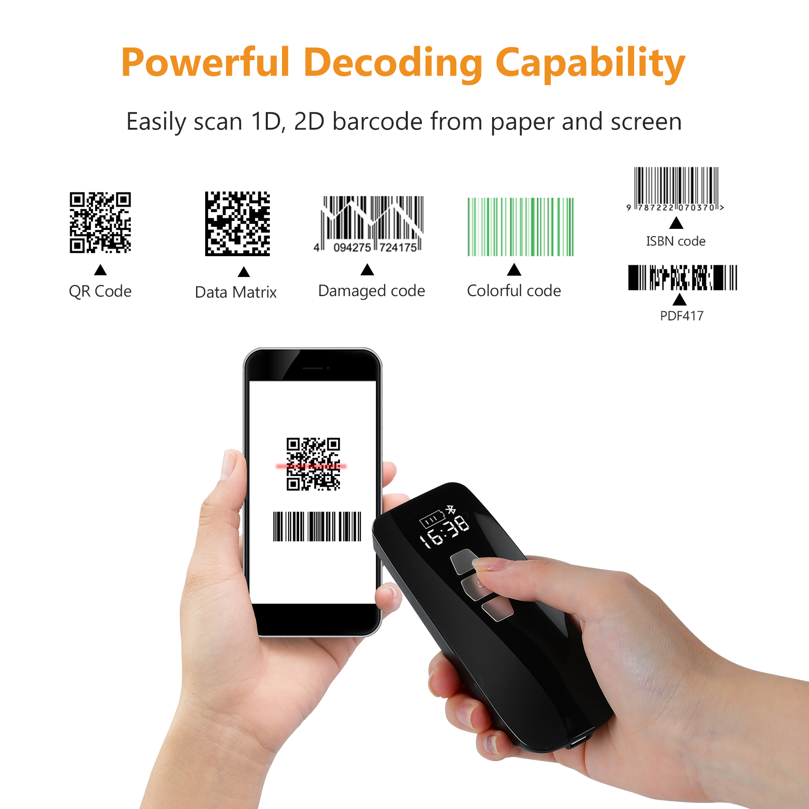 เครื่องสแกนบาร์โค้ด 2D Mini QR Code Reader พร้อมเวลาหน้าจอ LCD 3-in-1 ...