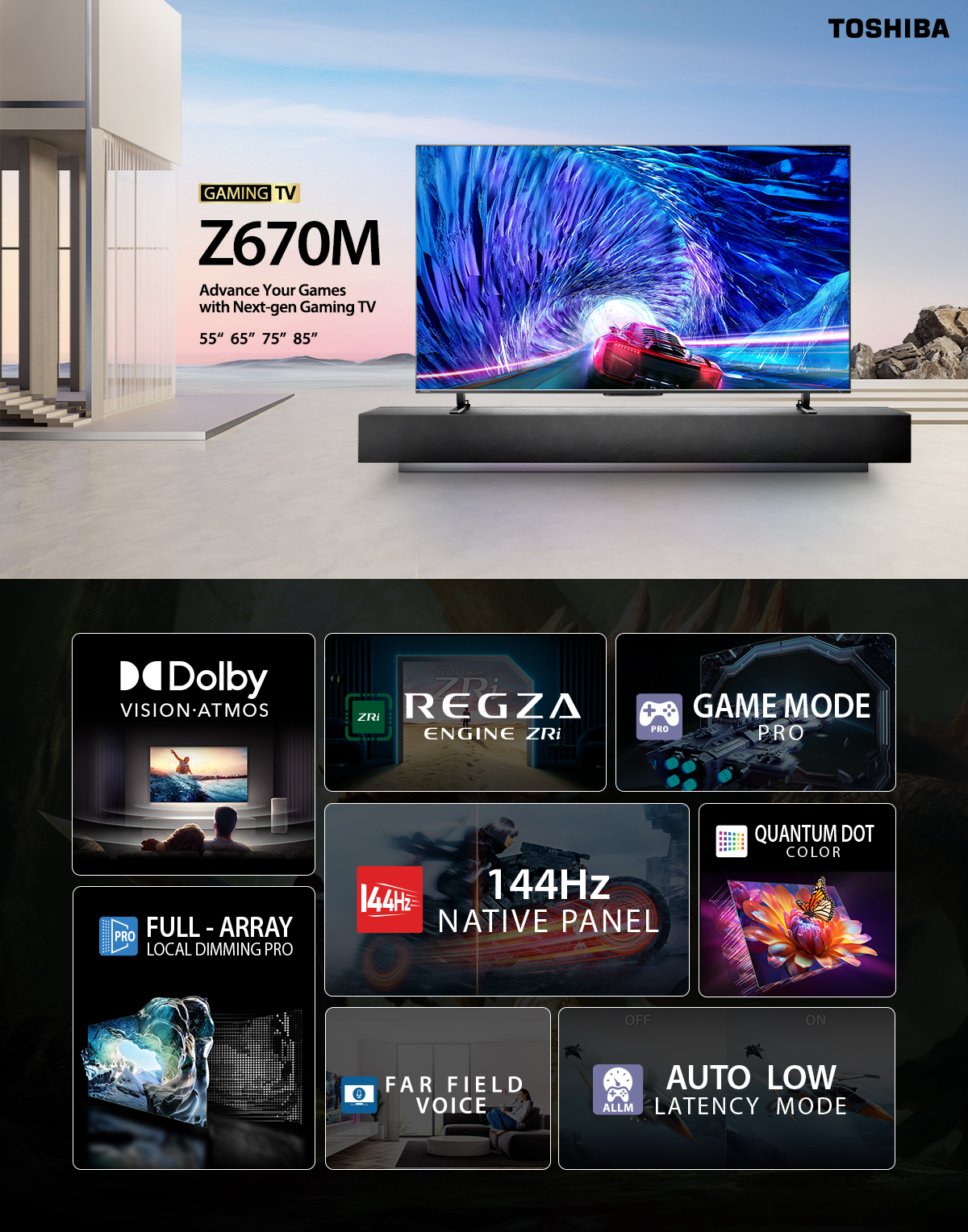 Toshiba TV รุ่น 75Z670MP ทีวี ขนาด 75 นิ้ว 144Hz 4K Game Mode Ultra HD VIDAA HDR10+ Quantum Dot TV