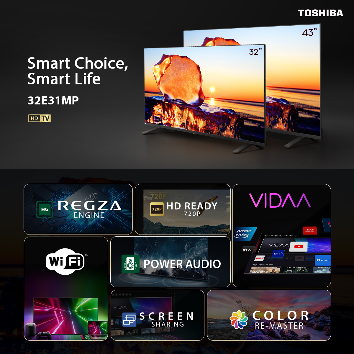 TOSHIBA 32E31MP TV ทีวี ขนาด 32 นิ้ว HD Wifi รุ่น Dolby Audio Smart TV เกรดคุณภาพ