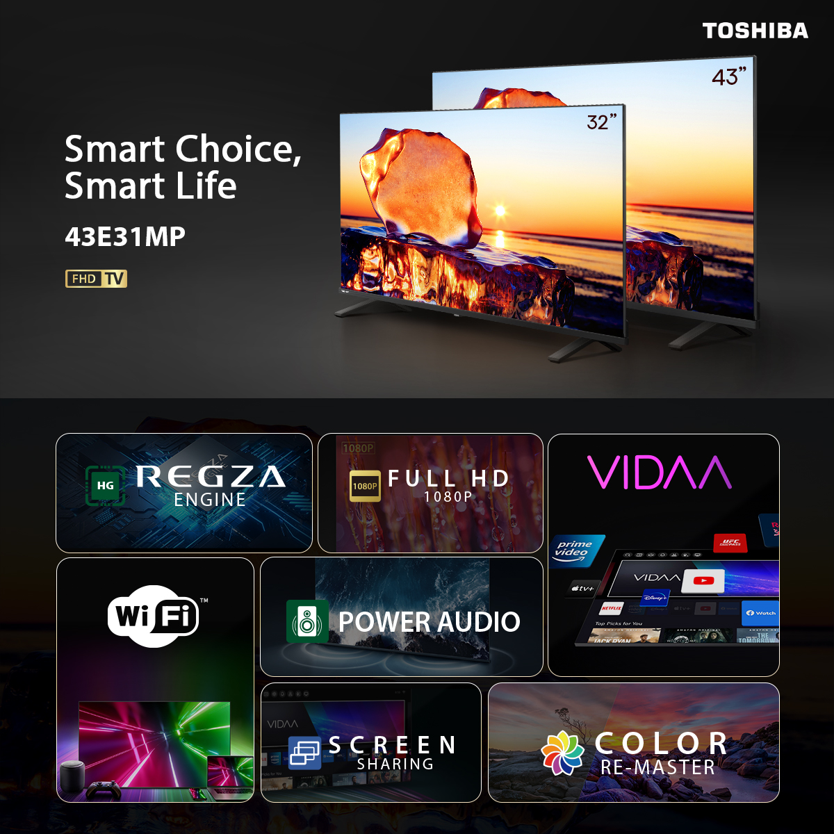 TOSHIBA TV รุ่น 43E31MP ทีวี ขนาด 43 นิ้ว Full HD WIFI Smart TV รุ่น Dolby Audio